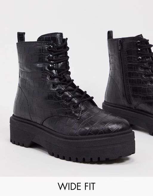 Simply Be wide fit lace up chunky boots in black croc | ASOS (Global)