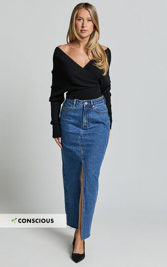 Kira Midi Skirt - Front Split Denim Skirt in Dark Blue Wash | Showpo (US, UK & Europe)