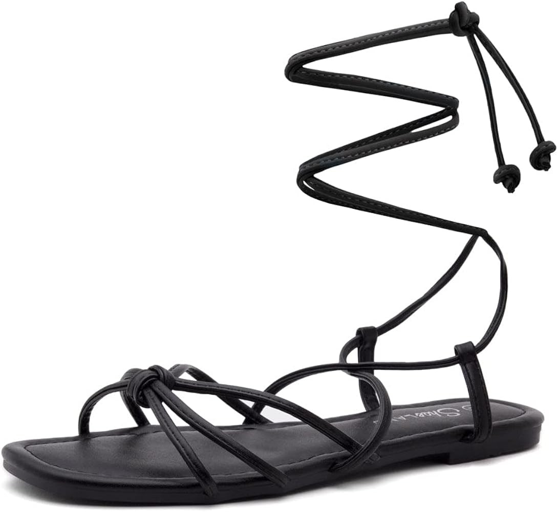 Shoe Land Womens Flashh Lace Up Flat Sandals Square Open Toe Strappy Crisscross Summer Slides | Amazon (US)