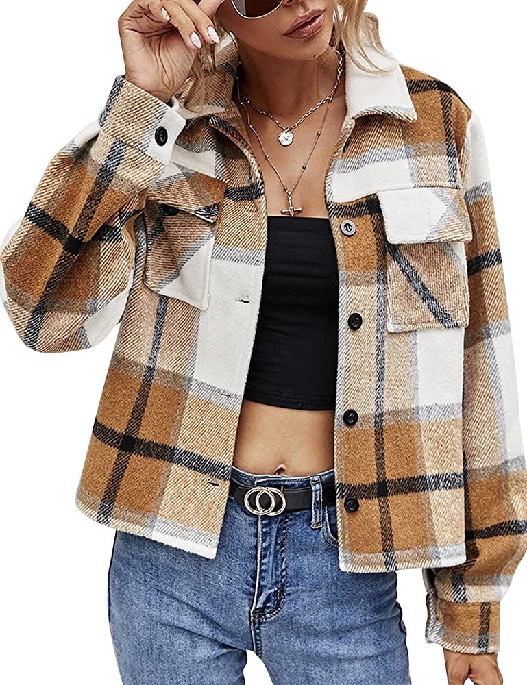 Springrain Womens Short Flannel Plaid Shacket Button Down Long Sleeve Jacket Coat | Amazon (US)