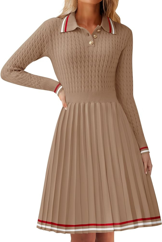 ZESICA Women's Midi Sweater Dress 2024 Fall Long Sleeve Cable Ribbed Knit A Line Swing Pleated Dr... | Amazon (US)