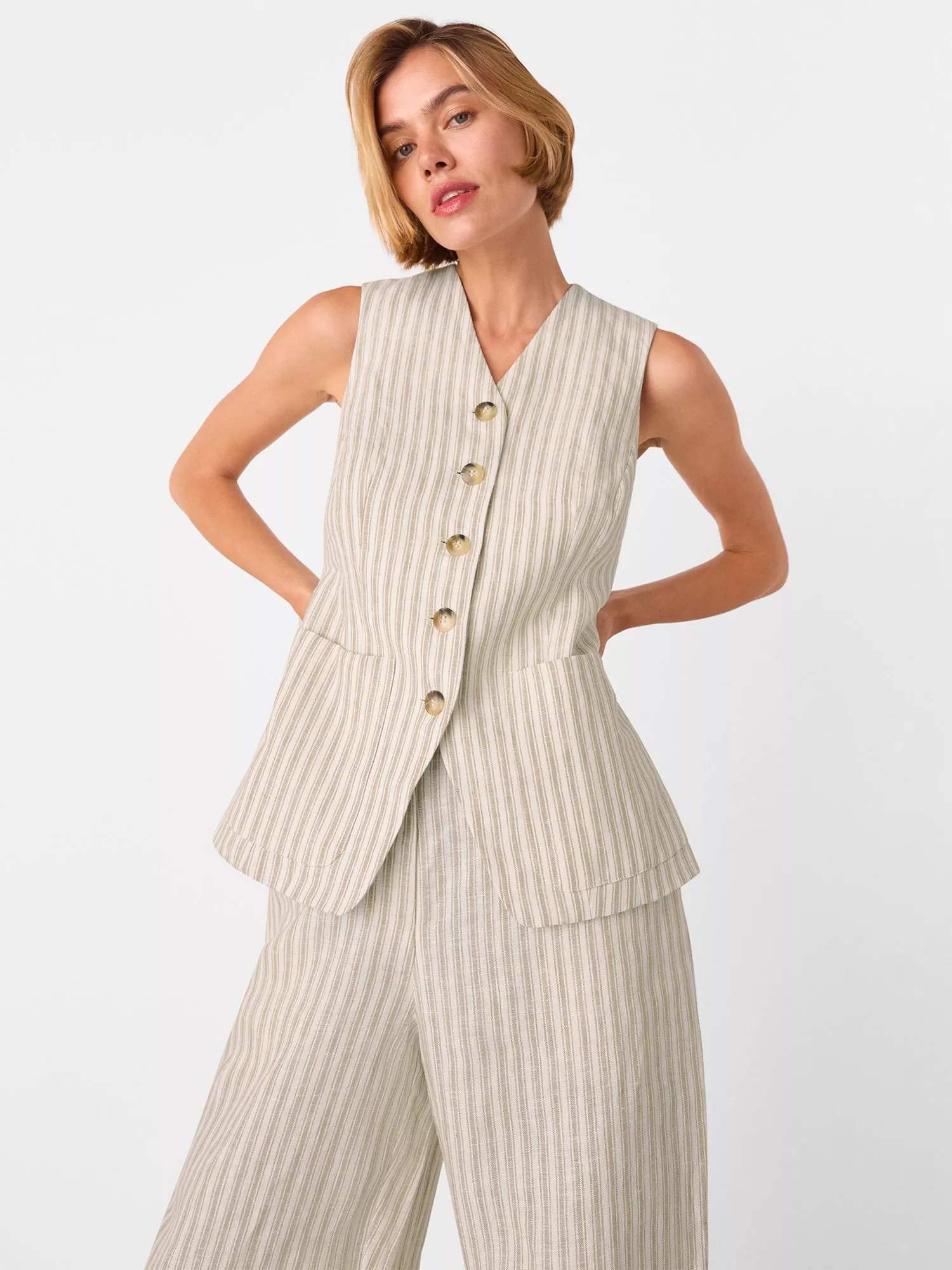 Whistles Stripe Pure Linen Waistcoat, Neutral | John Lewis (UK)