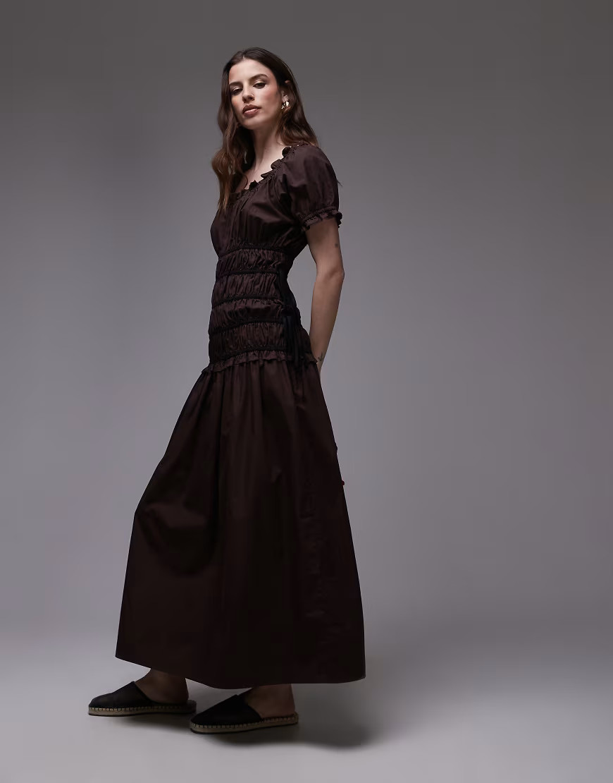 Topshop cap sleeve shirred dress with tie sides in brown with contrast black ties | ASOS (Global)