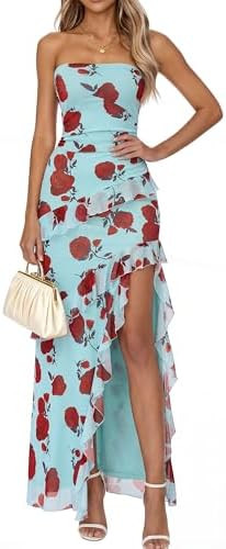 BTFBM Off The Shoulder Dresses for Women Summer 2026 Strapless Ruffle Slit Formal Wedding Guest D... | Amazon (US)