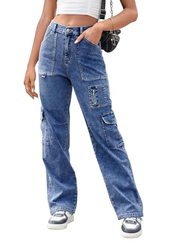 IVIR Cargo Jeans for Women Jeans High Waisted Wide Leg Baggy Jeans Y2K Cargo Pants Dark Denim Blue Small | Amazon (US)