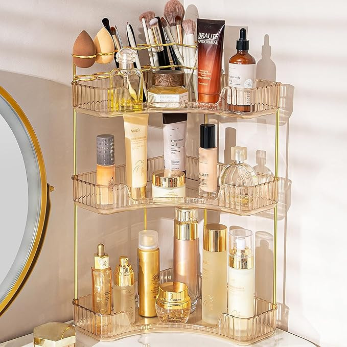 NATURE'S SOURCE Makeup Organizer for Vanity, 3-Tier Corner Bathroom Organizer Countertop with Mak... | Amazon (US)