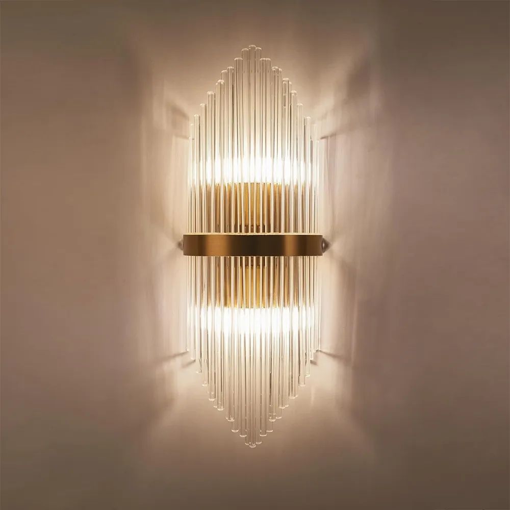 Contemporary Creative Glass Rod 2-Light Indoor Wall Sconce Vanity Light Metal in Gold | Homary.com
