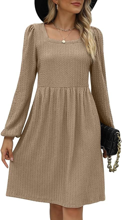 WEESO Womens Knit Dress Square Neck Long Sleeve Knee Length Babydoll Dresses | Amazon (US)