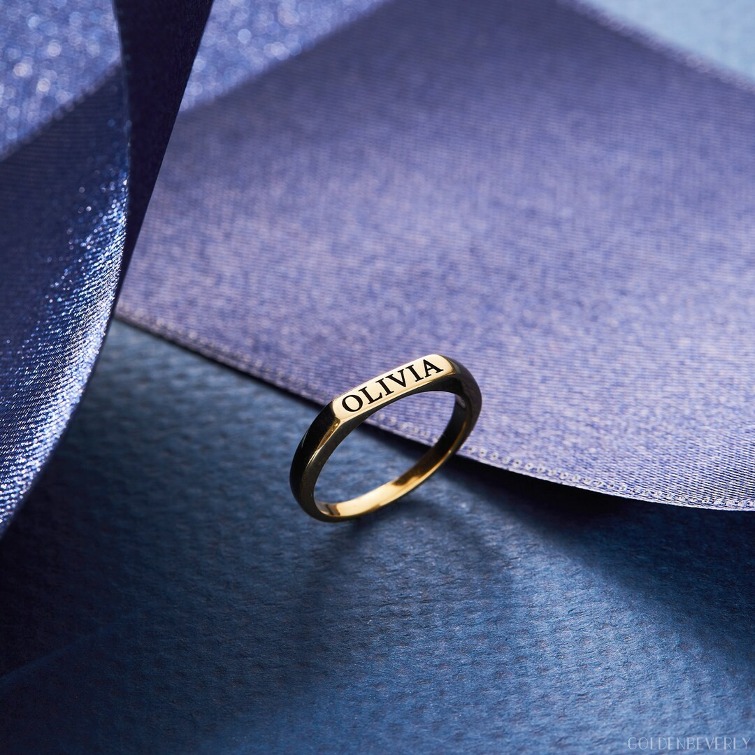 Christmas Gifts Custom Delicate Name Ring Stacking Modern Bar Ring Name Ring in Silver, Gold and ... | Etsy (US)