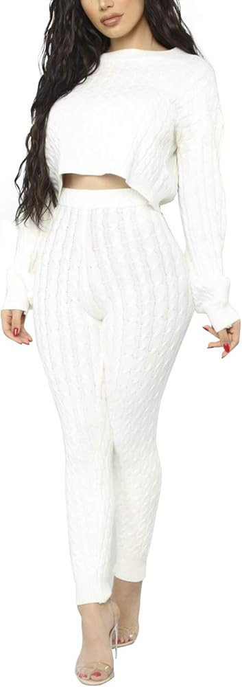 Cosygal Women's Casual Knit 2 Piece Outfit Long Sleeve Sweater Pullover Crop Top and Shorts Pants Ju | Amazon (US)