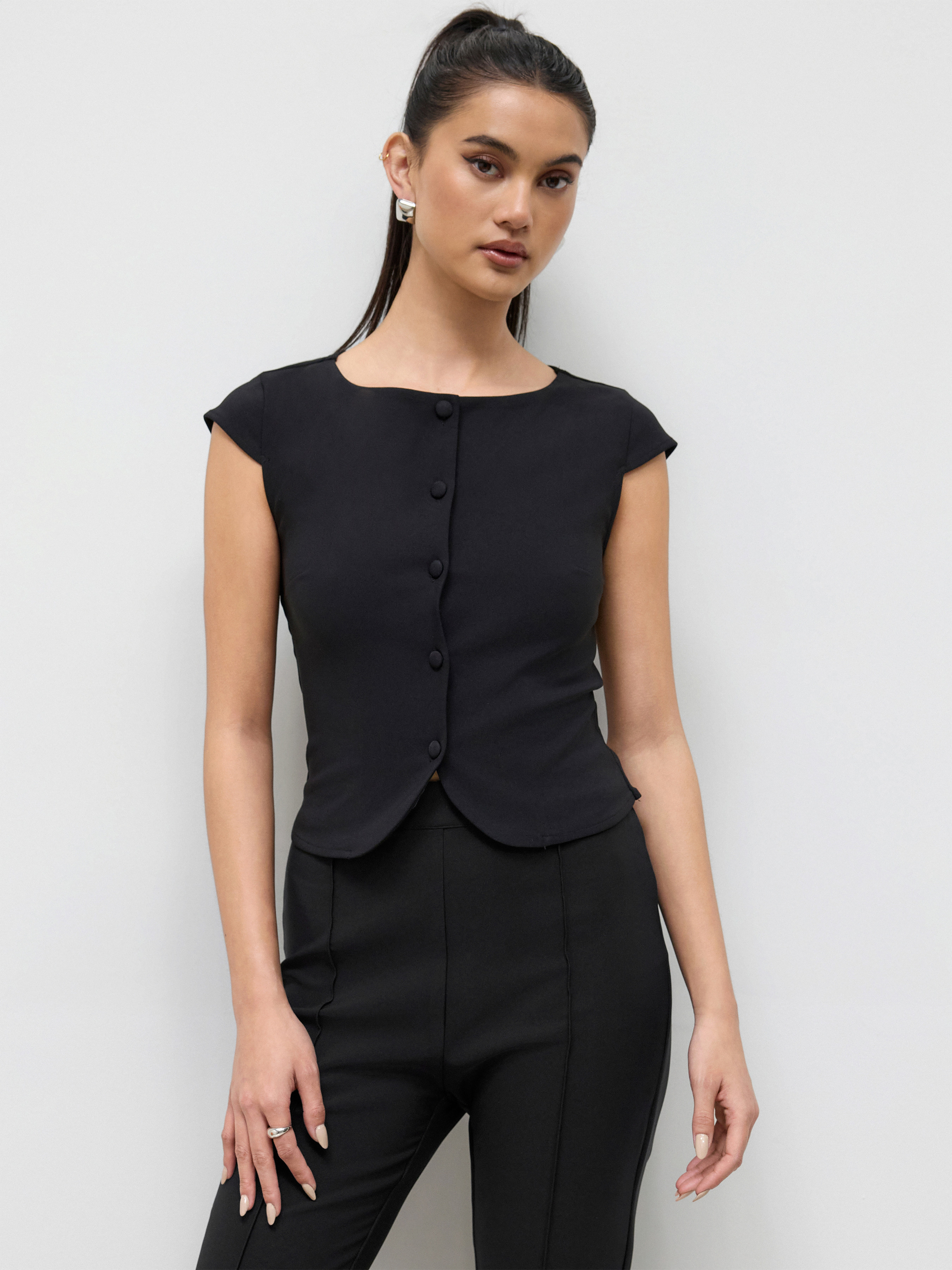 Woven Boat Neck Button Up Short Sleeve Top For Work | Cider