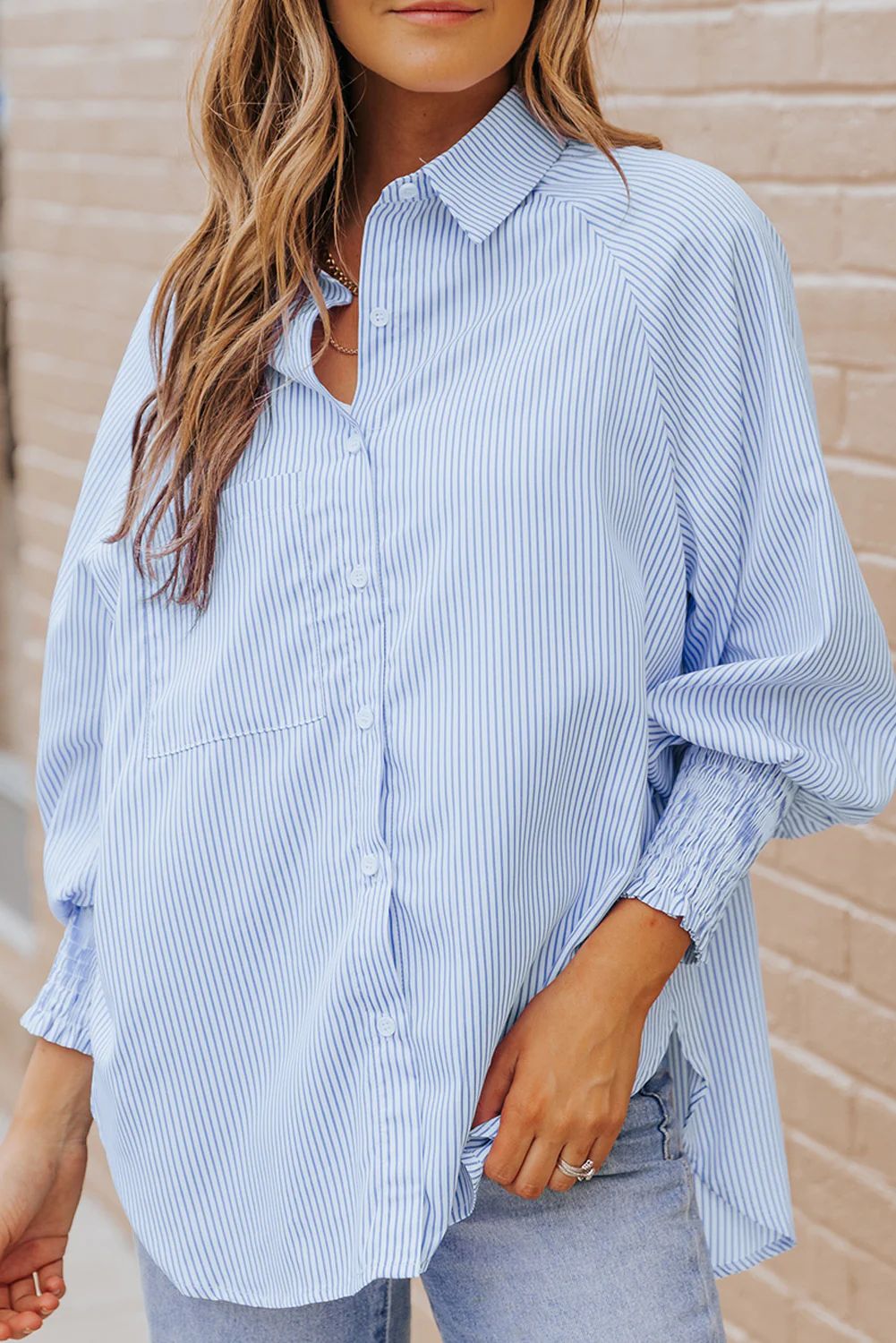 Smocked Cuffed Striped Boyfriend Shirt with Pocket | Jane Fashion INC.