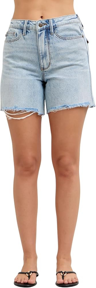 Judy Blue Mid Rise Dad Shorts \u2013 Rigid Magic Denim, Light Wash, Raw Hem, Cell Phone Pocket, S... | Amazon (US)