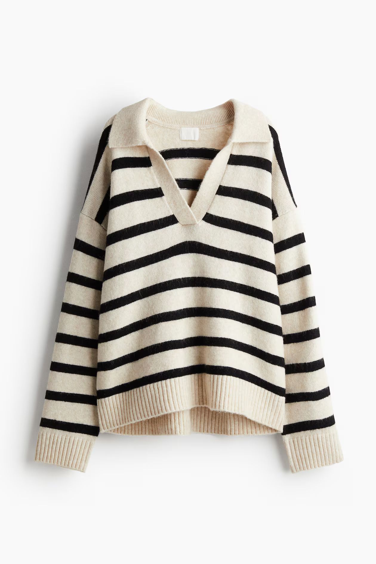 Fine-knit Collared Sweater - V-neck - Long sleeve - Cream/striped - Ladies | H&M US | H&M (US + CA)