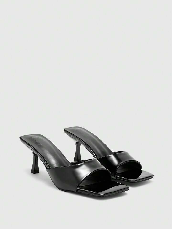 CUCCOO BIZCHIC Women's Fashion Black Patent Leather Minimalist Square Toe Thin High Heel Mule San... | SHEIN