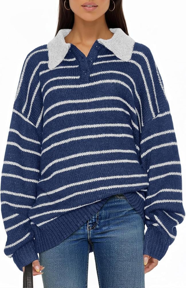 Saodimallsu Womens Striped Sweaters Button Collared Polo Shirts Oversized Long Sleeve Chunky Knit... | Amazon (US)