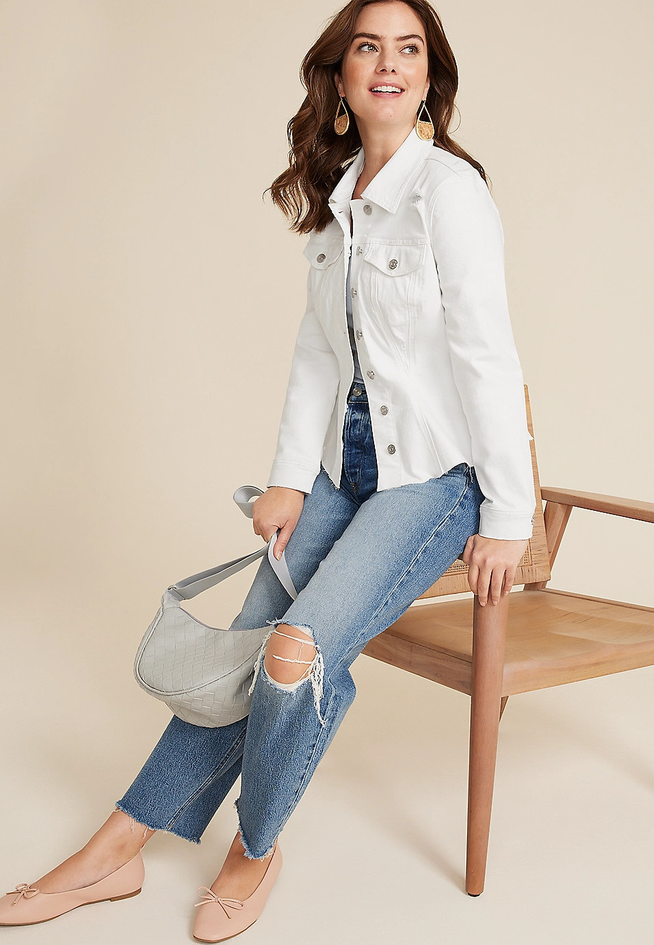 White Cinched Denim Jacket | Maurices