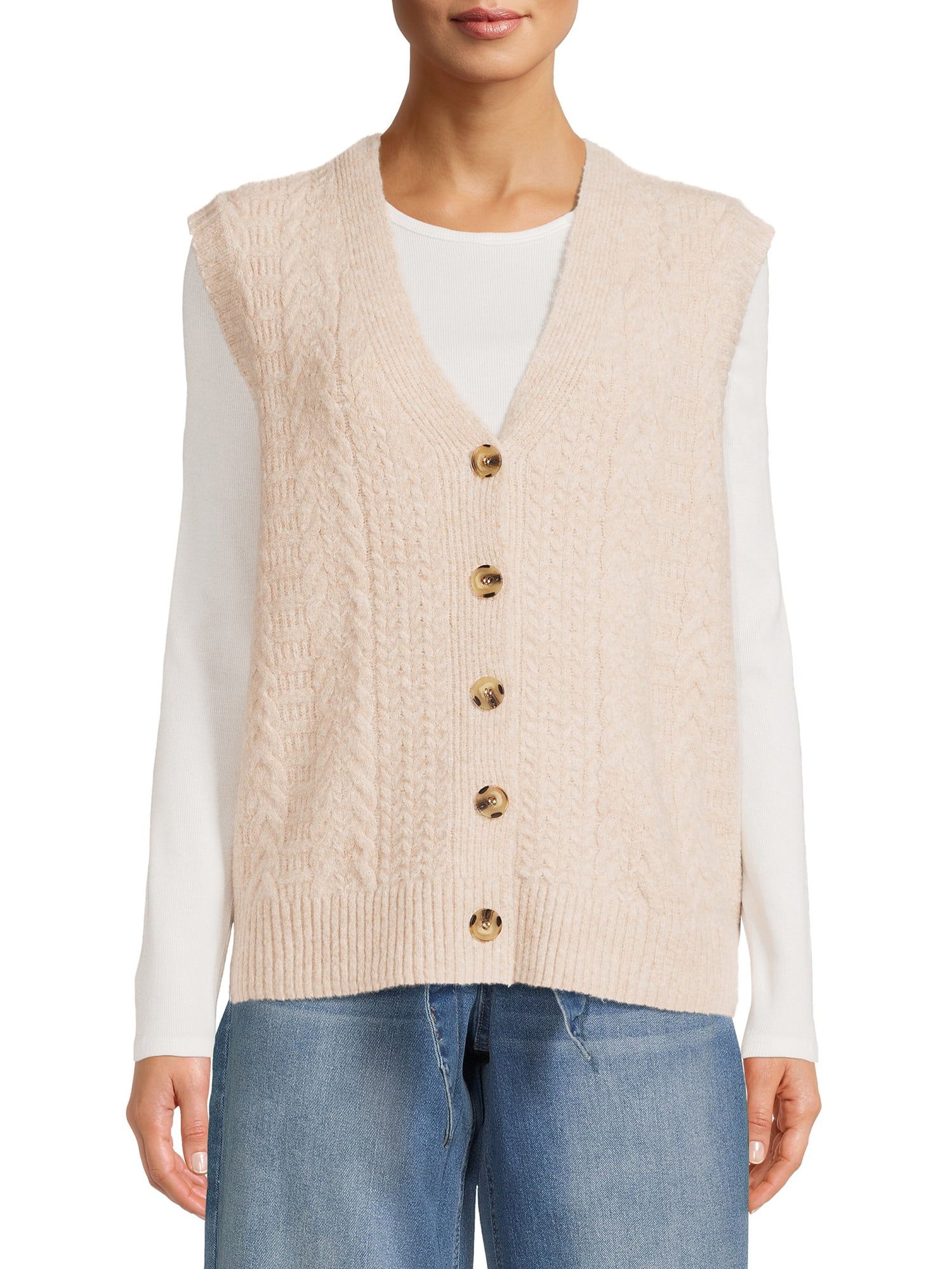 Dreamers by Debut Womens V Cut Cable Knit Sleeveless Sweater Vest | Walmart (US)