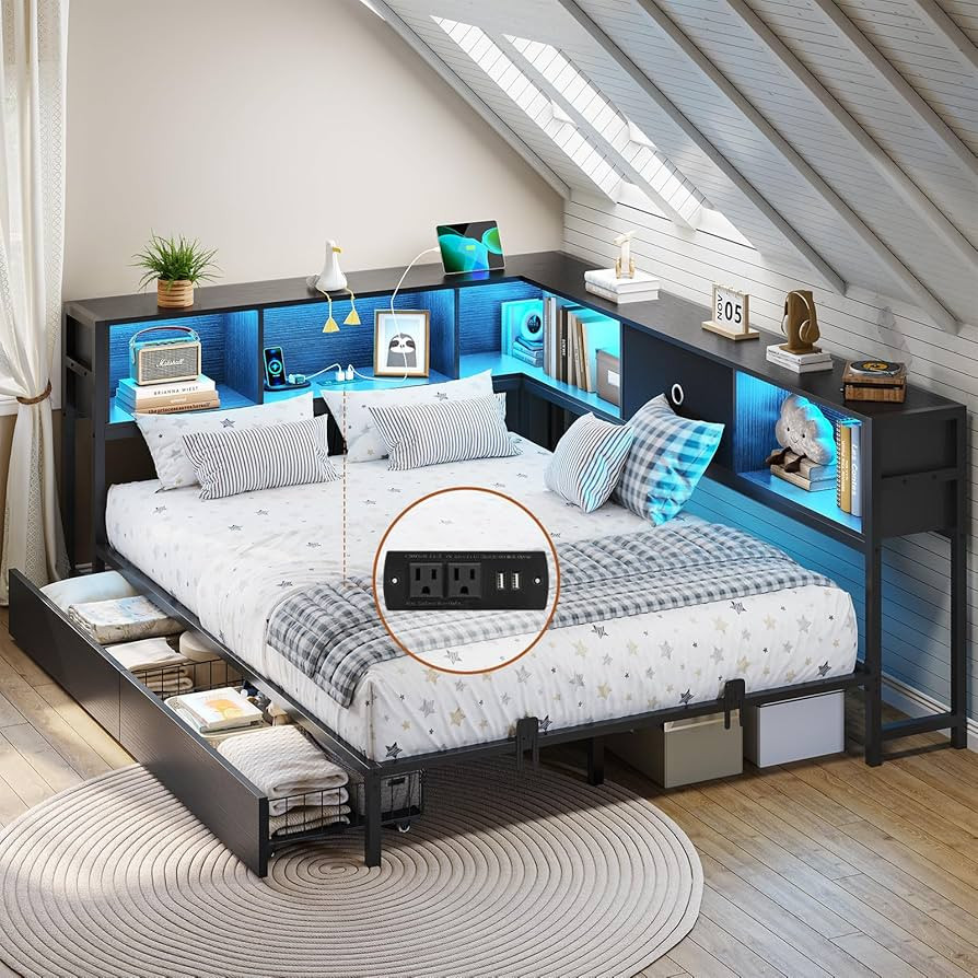 DICTAC Full Corner Bed Frame with Bookcase Storage and Led Lights Metal Platform Bed Frame Full S... | Amazon (US)