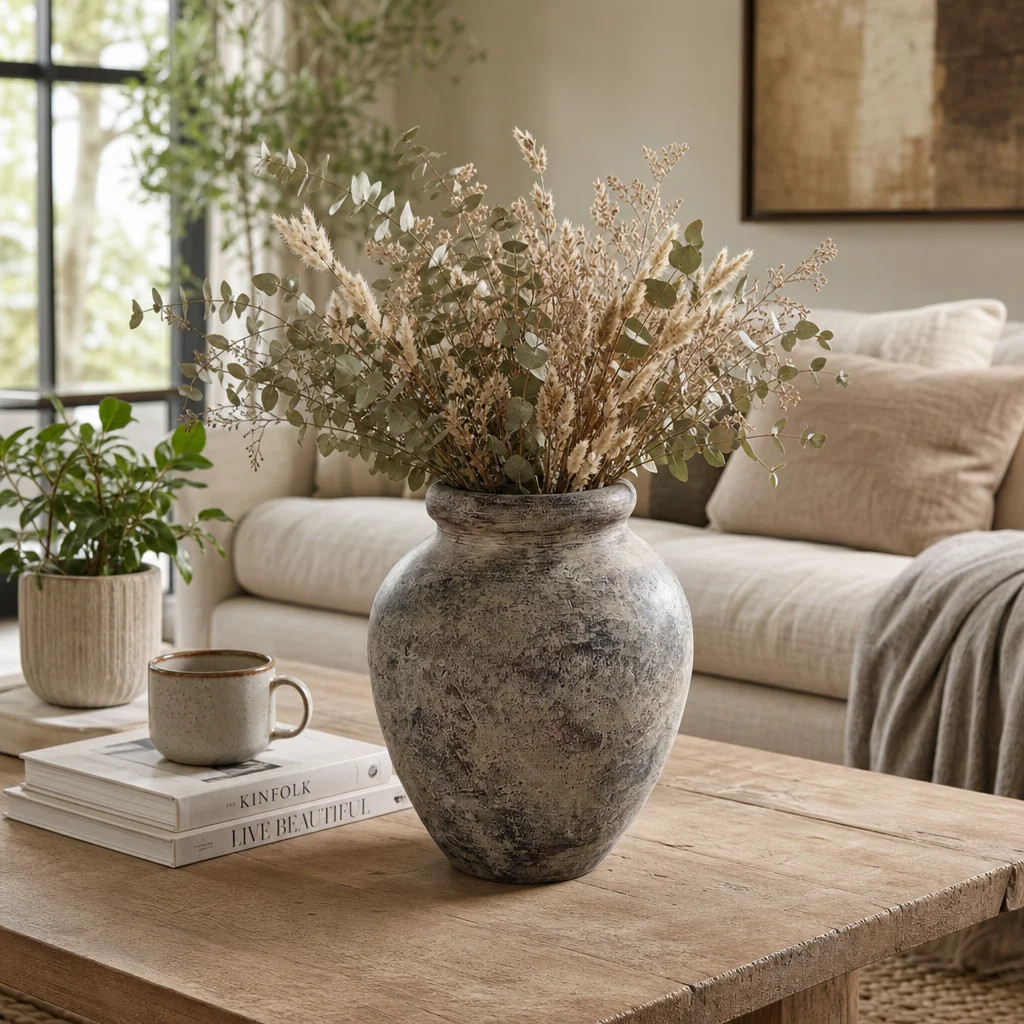Classic Pitted Terracotta Pottery Flower Vase for Home Office Decor - Tall Vase Accent for Shelves, Centerpieces and Table Display | Wayfair North America