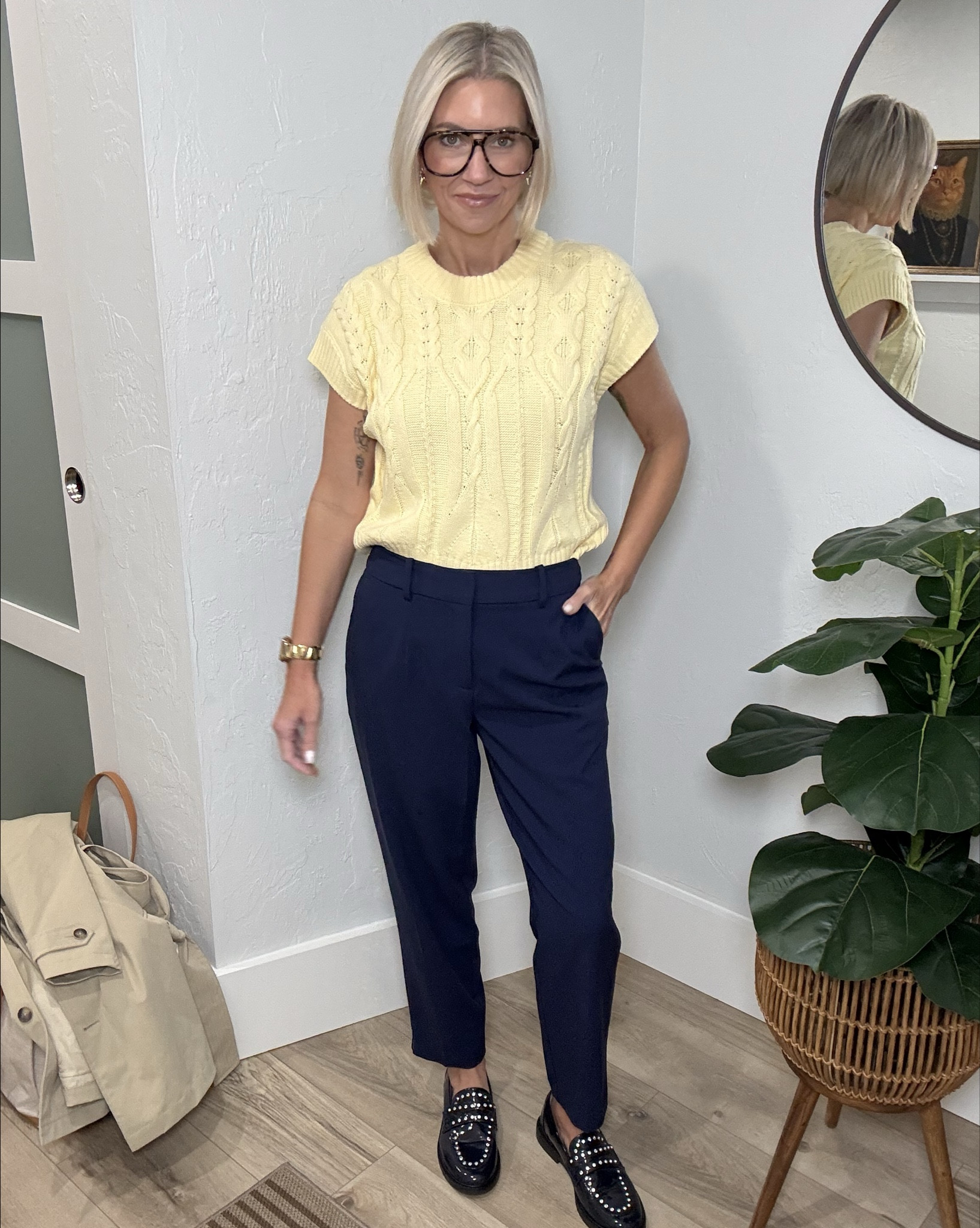 I can’t get enough yellow!! 
This cable knit sweater from Target is perfect for the spring transition! I also love the coral shade too. I sized up to a medium for a more relaxed fit. 
My pants are also from Target. I’m wearing a 4 and they fit tts. They’ve quickly become my favorite dress pants from Targs! 

My shoes and trench are from Walmart but out of stock. So I’ll find similar for ya! 

#LTKOver40 #LTKgrwm #LTKootd
