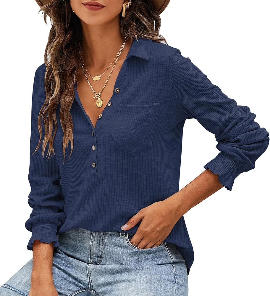 LOMON Womens Casual Long Sleeve Shirts V Neck Collared Knit Henley Tops | Amazon (US)