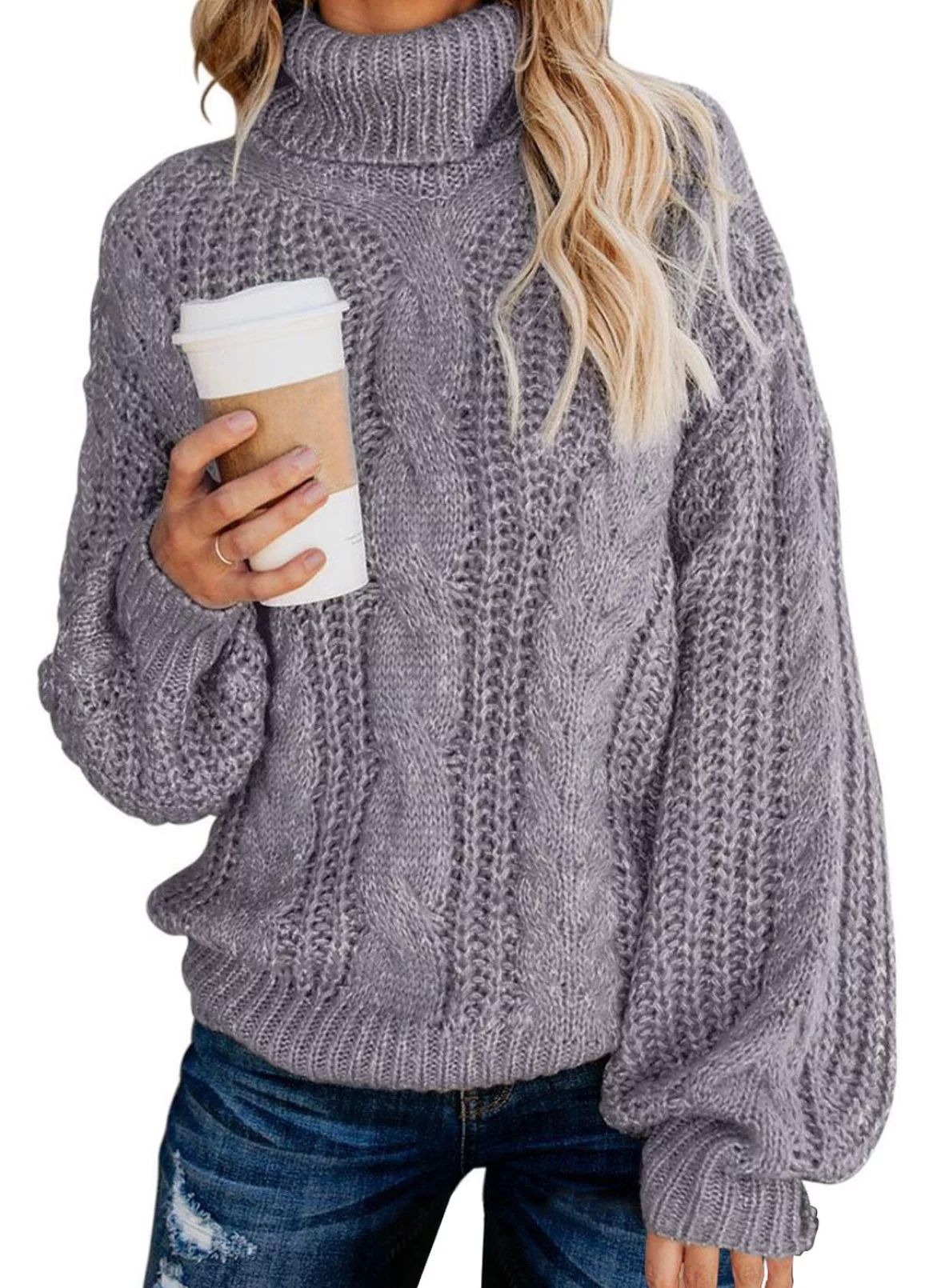 Aleumdr Plus Size Sweater Jumper for Women Winter Warm Turtleneck Long Sleeve Gray Pullover 18 20... | Walmart (US)