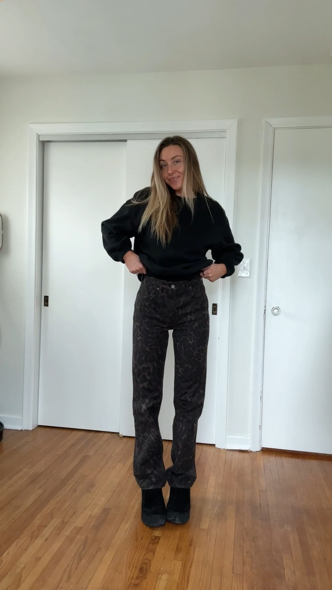 Styling my perfect leopard print jeans 🐆🤎 This wash is the best neutral statement and makes an all black outfit look instantly put together. I’m wearing the Abercrombie High Rise 90s Relaxed fit (tall length friendly) with a black crewneck + sherpa vest + boots for an easy everyday look. Linking the exact jeans and everything styled with below 🫶🏼

#LTKootd #LTKTall #LTKgrwm