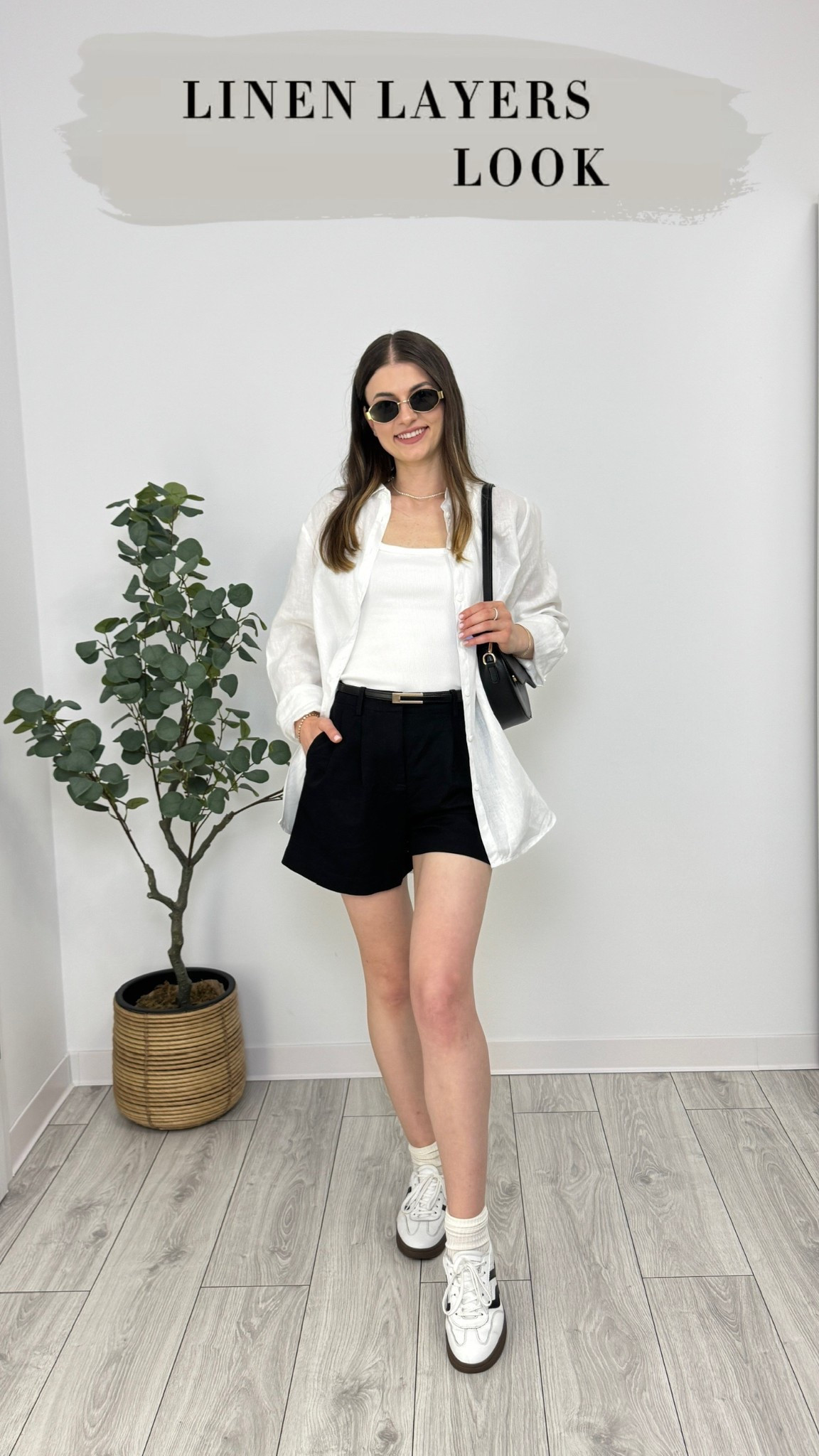 Tailored black linen shorts, white tank top, oversized white linen shirt, white sneakers and socks, finished with a black belt, purse, and sunglasses—crisp, light, and balanced 🤍🖤 #IlaStylesDiary 

#LTKsummer #LTKstyletip #LTKbeauty