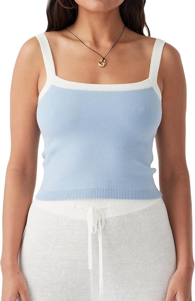 Faretumiya Women Strappy Square Neck Tank Top Color Block Sleeveless Cropped Cami Y2k Egirl Crop ... | Amazon (US)