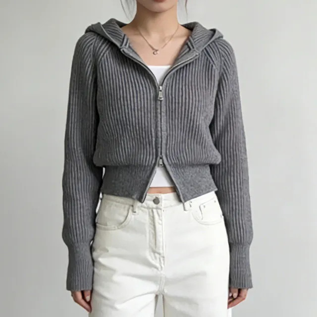 Sienne - Plain Ribbed Zip-Up Knit Hoodie | YesStyle | YesStyle.com