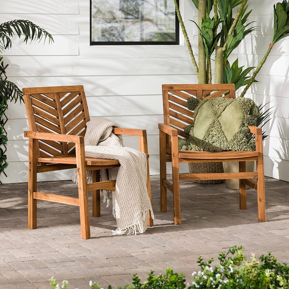 Walker Edison 2 Piece Outdoor Patio Chevron Wood Chair Set All Weather Backyard Conversation Gard... | Amazon (US)