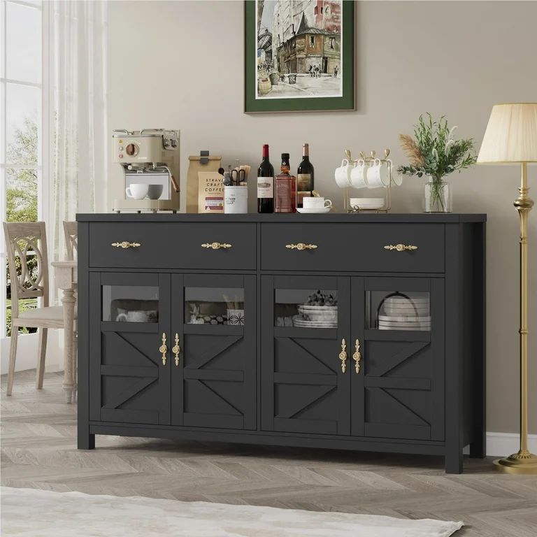 Homfa 2 Drawer Farmhouse Storage Cabinet with Glass Door, Wood Kitchen Sideboard Buffet with Adju... | Walmart (US)