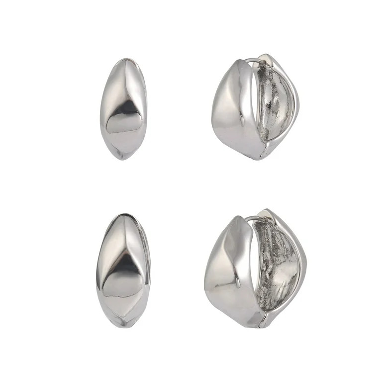 Time and Tru Women's Silver-Tone Textured Metal Hoop Earring Set, 2-Piece | Walmart (US)