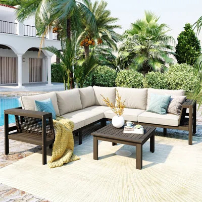 4-Piece Acacia Wood Outdoor L-Shaped Sofa Set with Woven Mesh Armrests, Coffee Table, and Beige Cushions for Patio | Wayfair North America