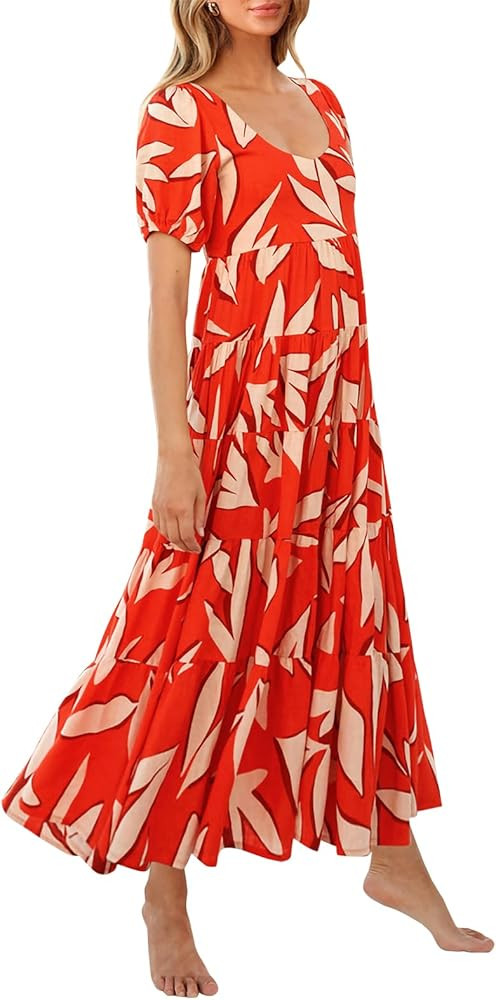 PRETTYGARDEN Womens Dresses 2024 Puff Sleeve Floral Casual Summer Dresses Smocked Backless Beach ... | Amazon (US)