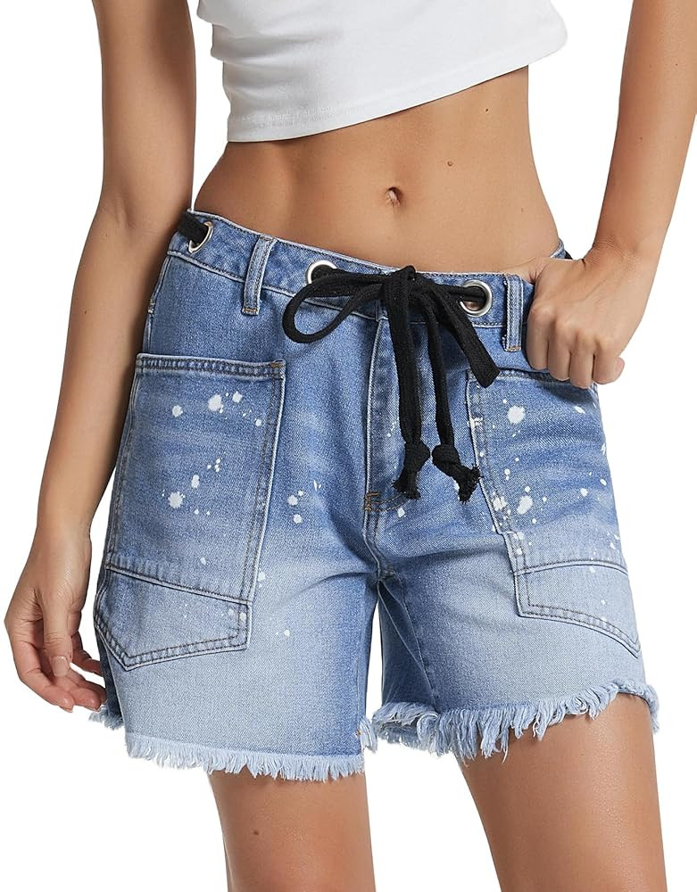 Kedera Jean Shorts for Women Low Rise Frayed Summer Drawstring Denim Shorts 2025 Light Wash Pull ... | Amazon (US)