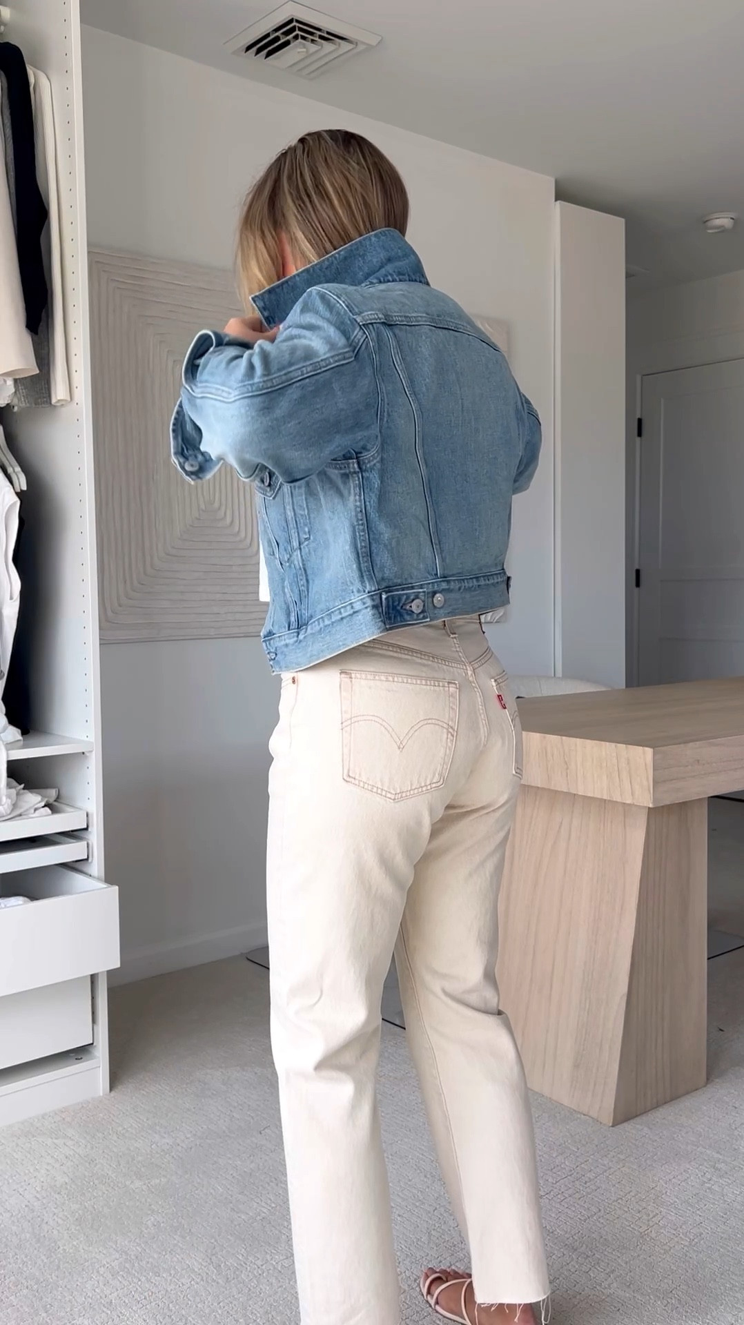 Easy everyday mom outfit Levi’s 501 + cropped denim jacket

DENIM JACKET: sized up to Medium
DENIM: took my larger size
SANDALS: I’m a 7.5/8 and got the 8