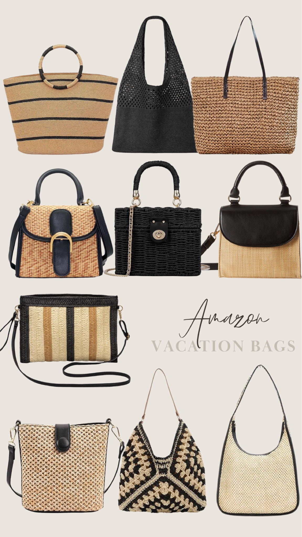 Vacation bags 
Rattan and black beach bag 
Rattan purse
Vacation looks 
Vacation purse 
Amazon purse 