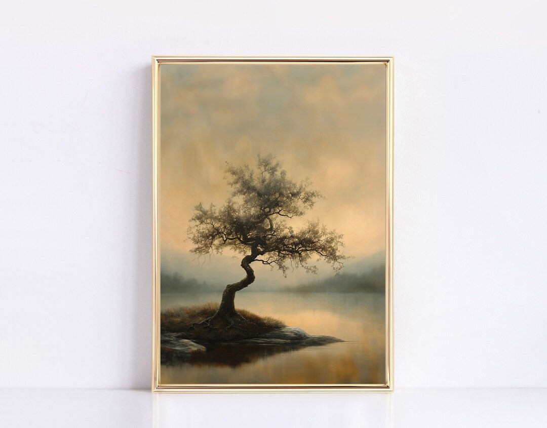 Twisted Tree Print Water Edge Tree Neutral Vintage Digital Print Landscape Painting Modern Vintag... | Etsy (US)