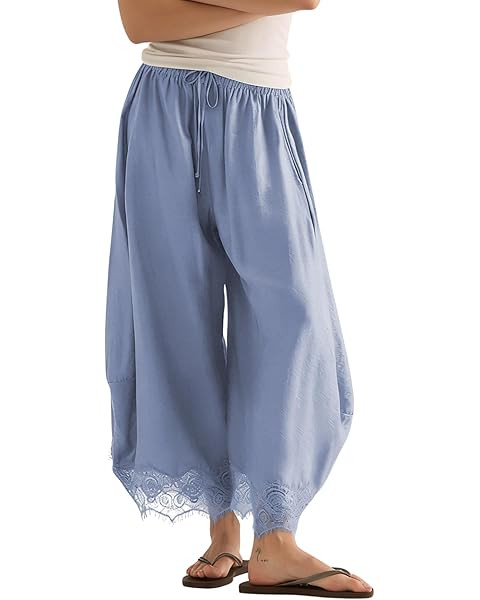 PUWEI Women's Cropped Lace-Hem Pants High Waisted Drawstring Wide Leg Pants Casual Lightweight Tr... | Amazon (US)