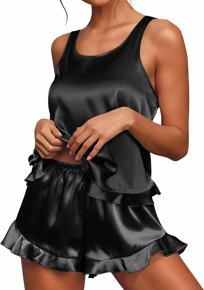 Ekouaer Women Satin Tank Pajamas Set, Ruffled | Amazon (US)