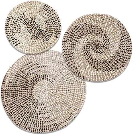 Large Handmade Hanging Woven Wall Basket Decor Set - 3 Artistic Round Seagrass Baskets for Bedroom,  | Amazon (US)