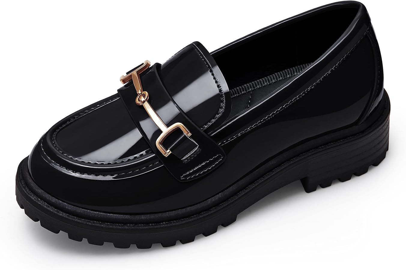 Coutgo Girl's Platform Loafers Slip On Chain Chunky Heel Leather Flats Round Toe School Uniform D... | Amazon (US)