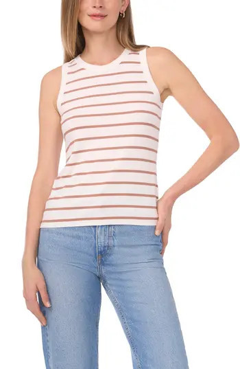 Halogen® Fitted Ribbed Tank Top in Mocha Mousse Stripe at Nordstrom Rack, Size Large | Nordstrom Rack