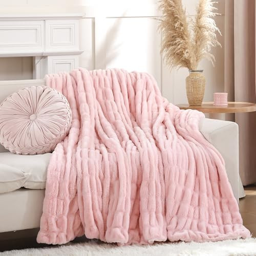 Smoofy Blush Pink Throw Blanket for Couch – Ultra Soft Cozy Plush Fluffy Blanket with Faux Rabbit Fur, Fuzzy Lightweight Fleece for Sofa, Bed & Office, Gift for Women, Home Room Decor Throw 60"x80" | Amazon (US)