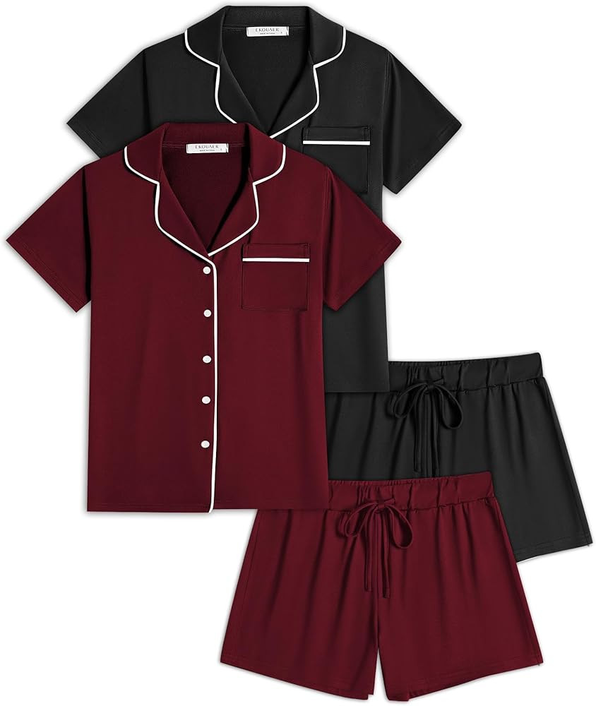 Ekouaer 2 Pack Womens Pajamas Set Button Down Summer Sleepwear Short Sleeve Comfy Pjs Loungewear ... | Amazon (US)