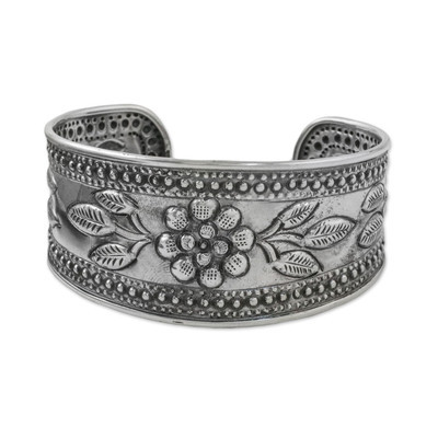 Handmade Sterling Silver Floral Cuff Bracelet from Thailand | NOVICA