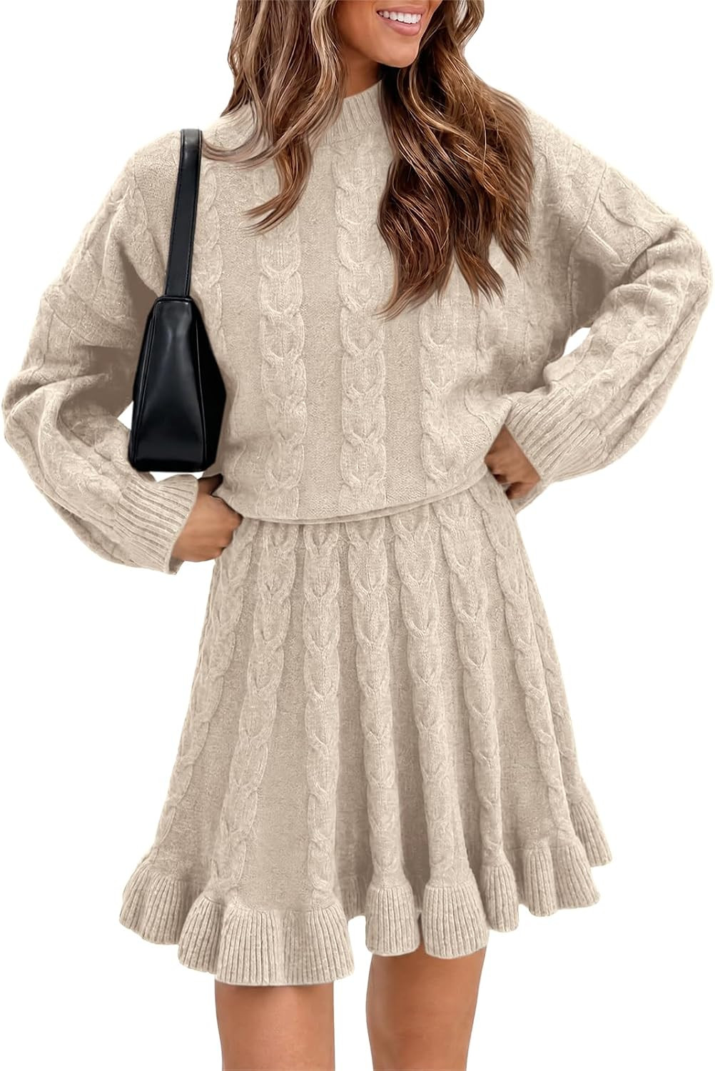 Tankaneo Womens 2 Piece Sweater Skirts Set Chunky Cable Knit Ruffle Skirt | Amazon (US)