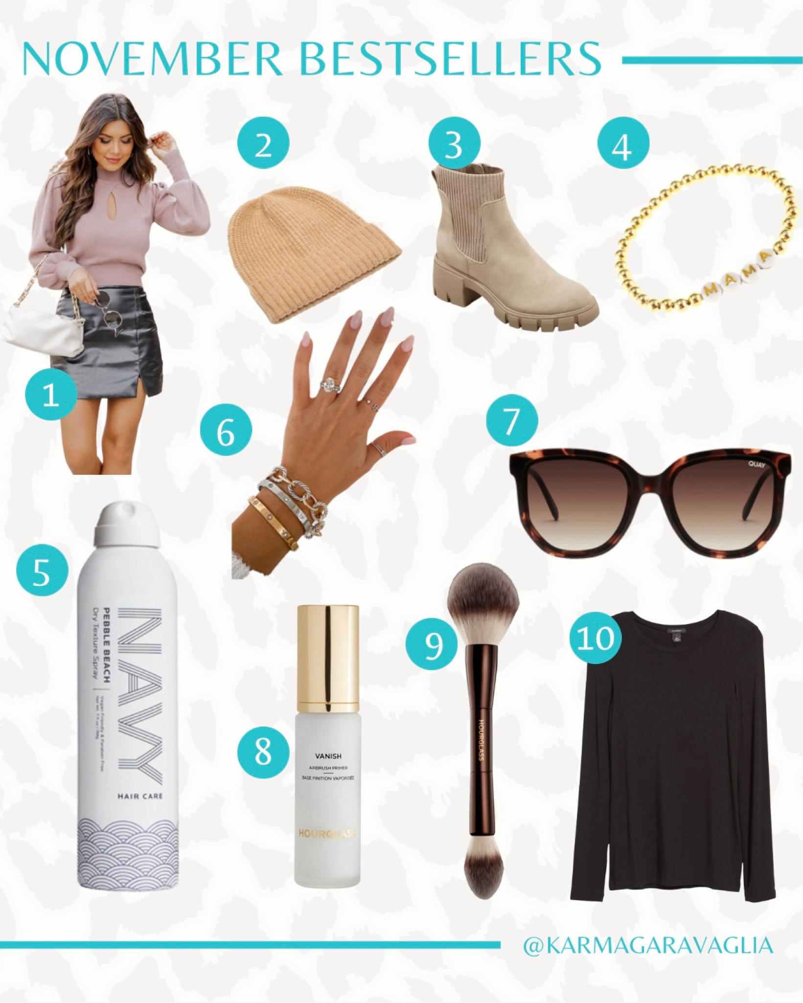 Top sellers, top seller, bestseller, bestsellers, Pink Lily, leather skirt, date night outfit, holiday outfit, Christmas outfit, Free People, beanie, neutral beanie, Winter hat, gold bracelet, beaded bracelet, mama bracelet, chelsea boot, Target boots, Quay sunglasses, The Styled Collection, designer inspired dupe, Cartier dupe bracelet, dry texture spray, Navy Hair dry texture spray, Hourglass Cosmetics, Vanish primer, trend alert, trendy products, viral primer, viral TIKTOK primer, Hourglass primer, makeup brush, Hourglass makeup brush, Halogen black top, Nordstrom black top, makeup, #giftsforher #giftidea #giftguide #beautygifts #giftideas @pinklily @nordstrom 

Follow me @karmagaravaglia for more fashion finds, beauty faves, lifestyle, home decor, sales and more! So glad you’re here!! XO!!
#LTKGiftGuide #LTKHoliday

#LTKSeasonal